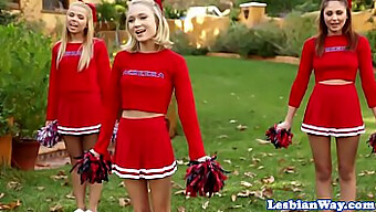 Petite Cheerleader Enjoys A Fourway Blowjob