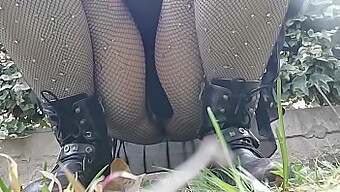 Outdoor Pissing With A Fishnet Wife In A Public Garden